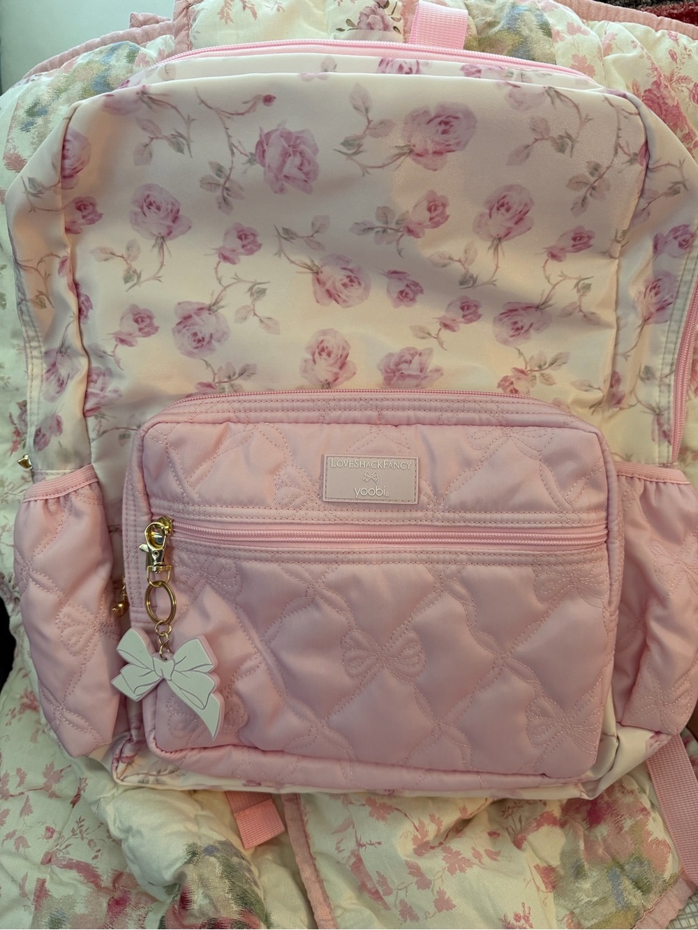 LoveShackFancy Pink Floral Quilted Backpack with Bow Charm